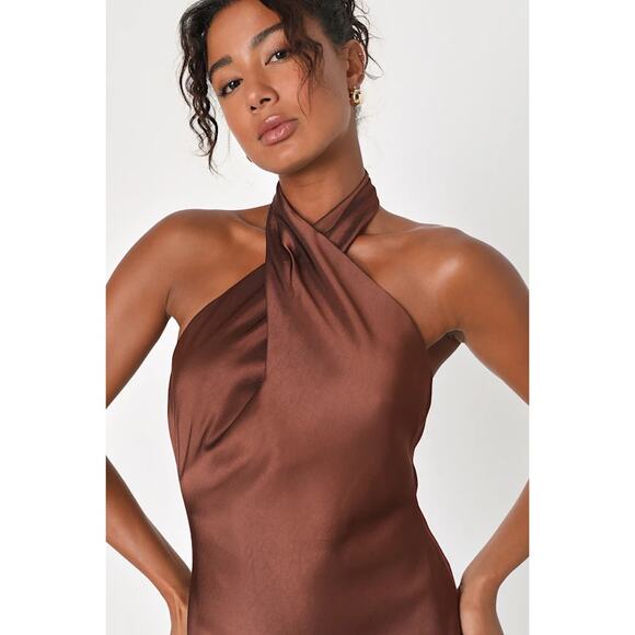 Lulus Beyond Classy Brown Satin Halter Midi Dress Backless Slit SM NWT - Picture 3 of 8